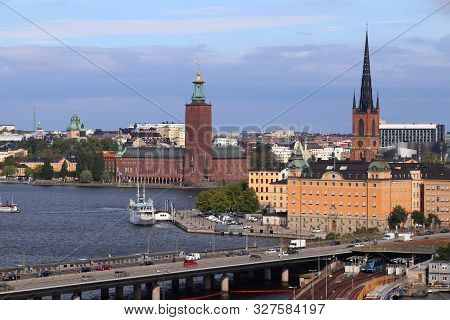 Stockholm City Skyline In Sweden. Stadshuset - City Hall.