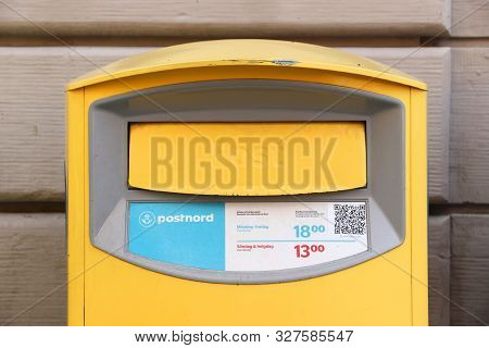 Stockholm, Sweden - August 23, 2018: Postbox In Stockholm, Sweden. Postnord Is The Merged Postal Ser