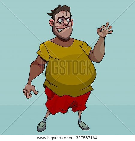 Funny Cartoon Scary Pot-bellied Man Shows Okay Hand Gesture