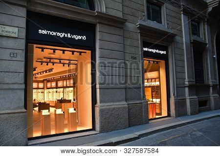 Milan, Italy, 08.04.2019: Display Of Salmoiraghi And Vigano Italian Company That Operates In The Fie