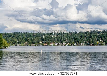 Billowing Clouds Hover Over Mercer Island In Washington State.