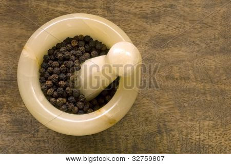 Black Peppercorns, Mortar And Pestle