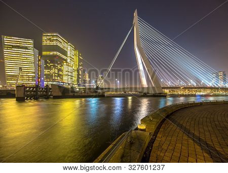 Erasmus Bridge At Night Seen From Maaskade Noordereiland