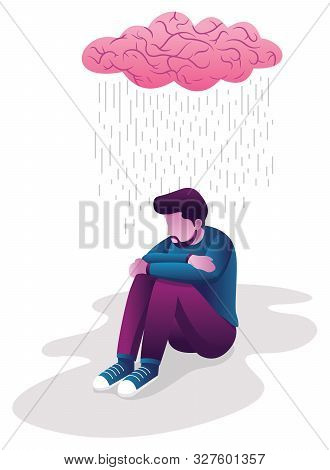 Conceptual Flat Design Illustration For Depression, Depicting Man, Sitting On The Ground With Human 