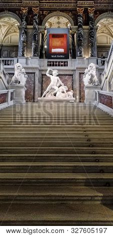 Vienna, Austria - May 16, 2019: This Is A Grand Staircase With Heraldic Lions And A Statue Of Theseu