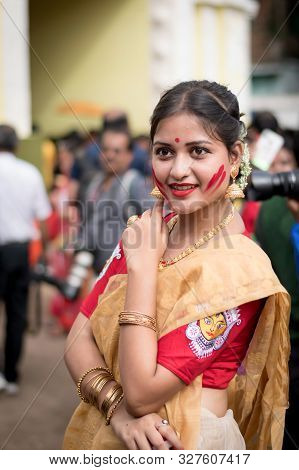 Kolkata, India - 8th October 2019; Women Participate In Sindur Khela At A Puja Pandal On The Last Da