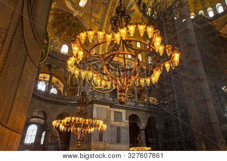 Istanbul, Turkey - September 5th 2019. Lighting Inside Ayasofia Or Hagia Sofia In Sultanahmet, Istan