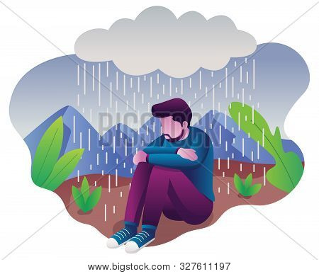 Conceptual Flat Design Illustration For Depression, Depicting Man, Sitting On The Ground With Dark C