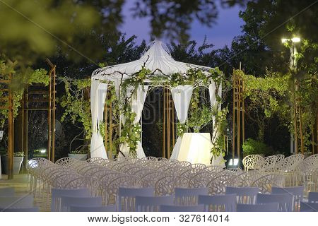 Beautiful Photo Of The Jewish Hupa , Wedding Putdoor .two Glasses And Bottle Of Wine And Glass It Is