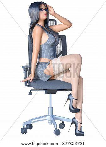 Long-haired Brunette Secretary In White Stocking.
