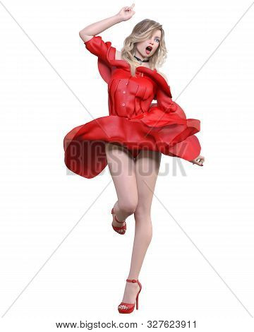 Beautiful Blonde Woman In Light Summer Waving Dress.