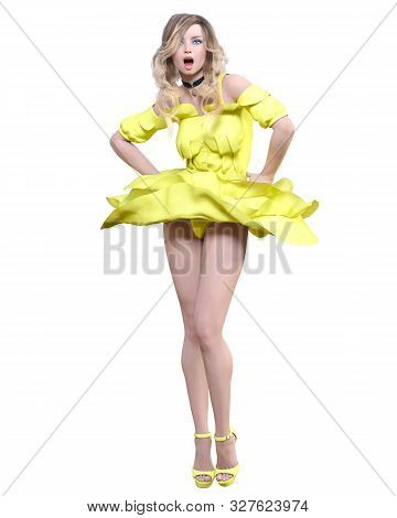 Beautiful Blonde Woman In Light Summer Waving Dress.