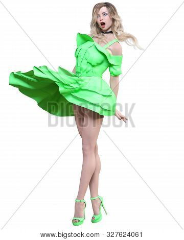 Beautiful Blonde Woman In Light Summer Waving Dress.