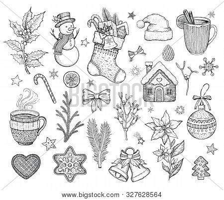 Christmas Hand Drawn Doodle Icon Set. Merry Xmas Happy New Year Symbol, Retro Sketch Style. Cute Emb
