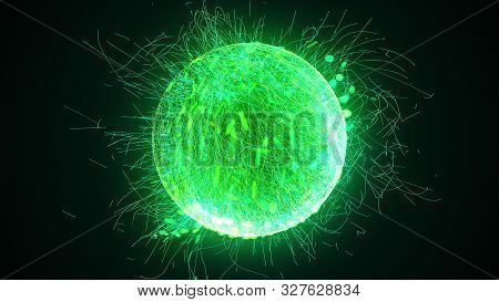3d Rendering, Computer Generated Sphere Or Ball Of Numerous Neon Particles And Lines On A Black Back