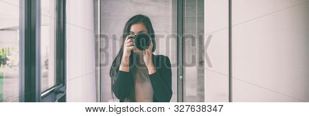 Selfie self-portrait in home mirror young woman taking self photo with slr camera panorama banner background. House lifestyle.