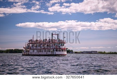 Toronto, Ontario, Canada - 2019 06 30: Serendipity Princess Cruise Ship In The Waters Of Toronto Har