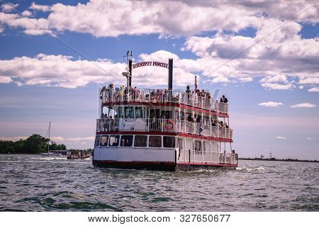 Toronto, Ontario, Canada - 2019 06 30: Serendipity Princess Cruise Ship In The Waters Of Toronto Har