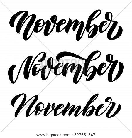 November, Set Of Three Minimalistic Black And White Vector Scripts With Decorative Maple Leaves Elem