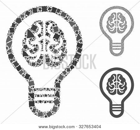 Brain Bulb Mosaic Of Uneven Items In Various Sizes And Color Tones, Based On Brain Bulb Icon. Vector