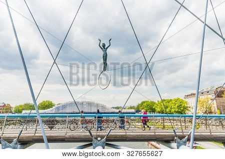 Kazimierz Krakow Poland. May 7 2019. A View Of The Bernatka Foot Bridge Over The Vistula River In Ka