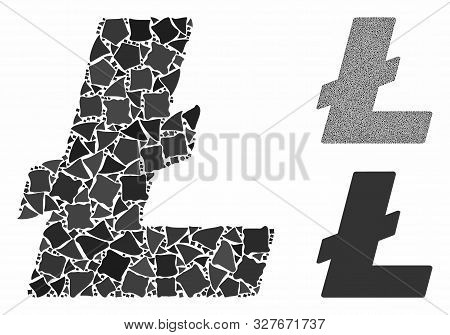 Litecoin Mosaic Of Humpy Parts In Different Sizes And Shades, Based On Litecoin Icon. Vector Inequal