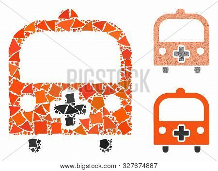 Medical Bus Mosaic Of Irregular Items In Different Sizes And Color Hues, Based On Medical Bus Icon. 