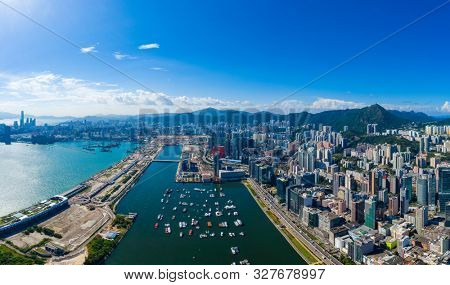 Kwun Tong, Hong Kong 06 September 2019: Aerial view of Hong Kong city