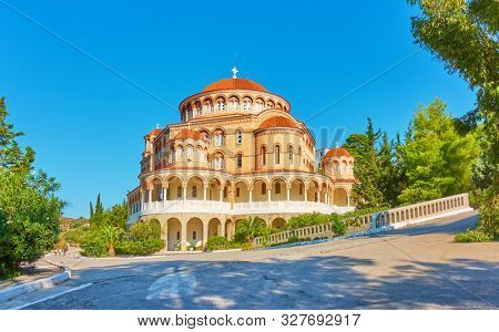 Church of Agios Nektarios (Saint Nectarios) in Aegina Island in the morning, Greece