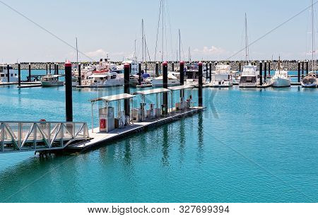 Mackay, Queensland, Australia - October 2019: Floating Fueling Platform For Ocean Going Vessels Moor