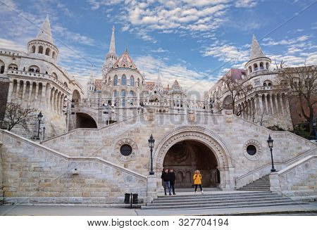 Budapest, Hungary, March 27 2018: Fisherman Bastion a terrace located on the Buda bank of the Danube at the Castle hill built on 1902