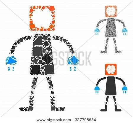 Brain Robot Mosaic Of Rugged Items In Various Sizes And Color Tones, Based On Brain Robot Icon. Vect