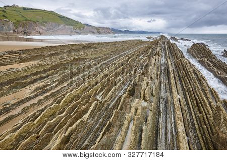 Flysch Dramatic Rock Formation Cantabric Sea In Zumaia, Euskadi. Spain