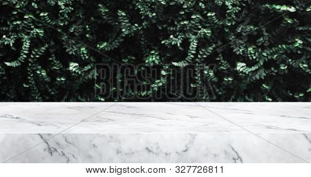 Marble Table And Green Leaf Wall Product Display Background.3d Perspective Stand.banner Mockup Space