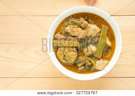Pork Curry With Thai Morning Glory With Red Curry In White Bowl On Wooden Background. Thai Food.