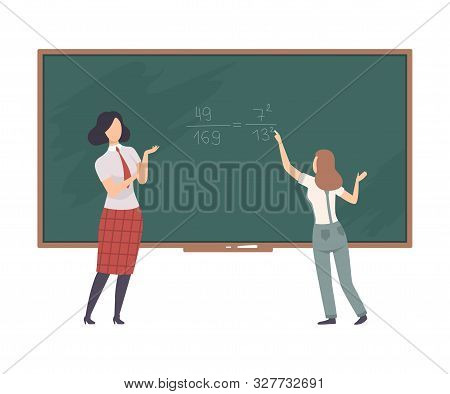 Student Solve Equation On Blackboard With The Help Of Teacher Vector Illustration
