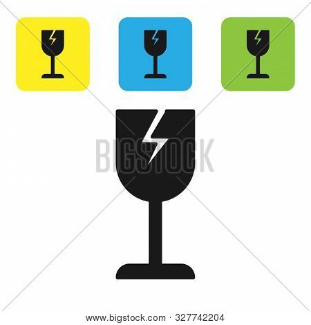 Black Fragile Broken Glass Symbol For Delivery Boxes Icon Isolated On White Background. Set Icons Co