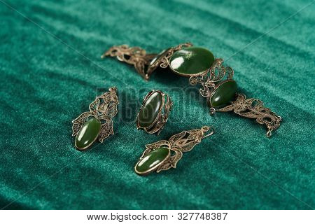 Beautiful Jewellery Set With Earrings, Ring And Bracelet, Close-up