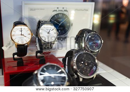 Chelyabinsk Region, Russia - August 2019. Tissot Brand Watches. Tissot Luxury Watches At Showcase Fo