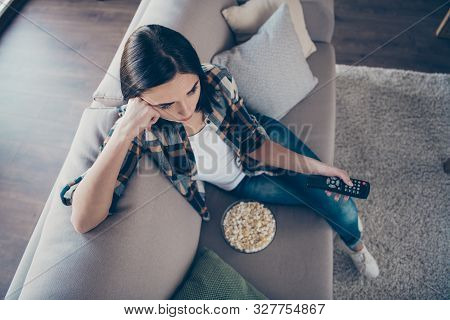High Angle View Photo Of Pretty Lady Holding Remote Controller And Popcorn Plate Upset Of Favorite S