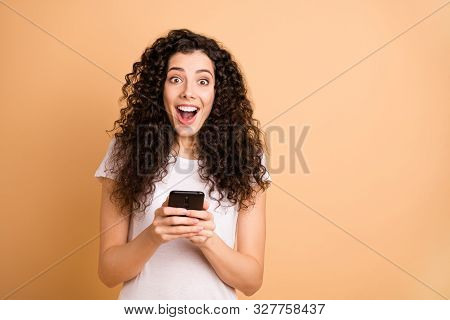 Photo Of Amazing Lady Holding Telephone Hands Addicted Feednews Person Checking Followers Noticed Ne