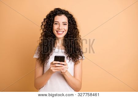 Photo Of Amazing Lady Holding Telephone Hands Addicted Feednews Person Checking Followers Wear White