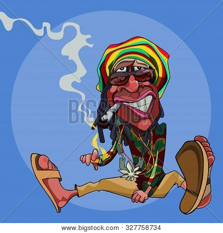 Cartoon Funny Man Rastaman Sits And Smokes On The Blue Background