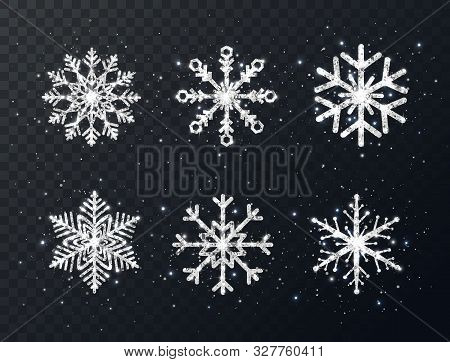 Silver Glitter Snowflakes Collection On Transparent Background. Shining Christmas Design With Sparkl