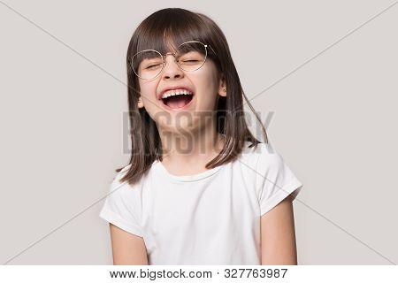 Overjoyed Little Girl Wear Glasses Laugh Feeling Happy