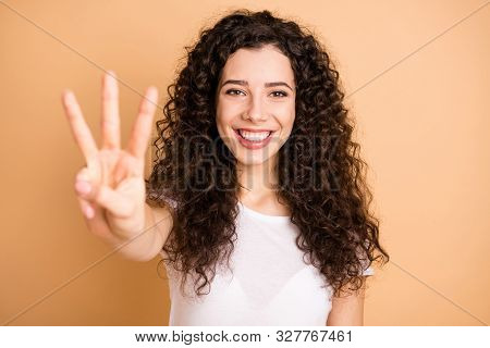 Im Counting To Three. Closeup Photo Of Funny Lady Raising Hand Showing Three Fingers Positive Mood W