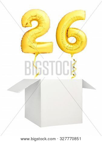 Golden Number Twenty Six Balloon Flying Out Of Blank White Box Isolated On White Background