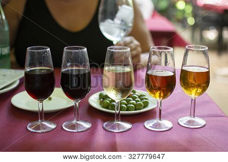 Sherry Wine Tasting, Selection Of Different Jerez Fortified Wines From Dry To Very Sweet, Jerez De L