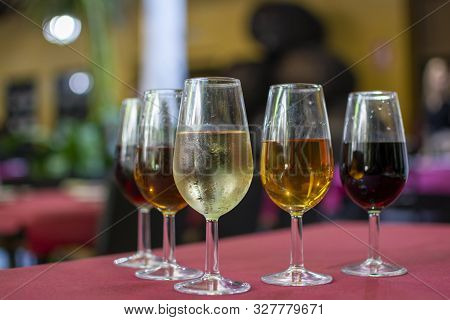 Sherry Wine Tasting, Selection Of Different Jerez Fortified Wines From Dry To Very Sweet, Jerez De L