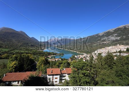 Barrea, Italy - 12 October 2019: Lake Barrea And The Mountain Village